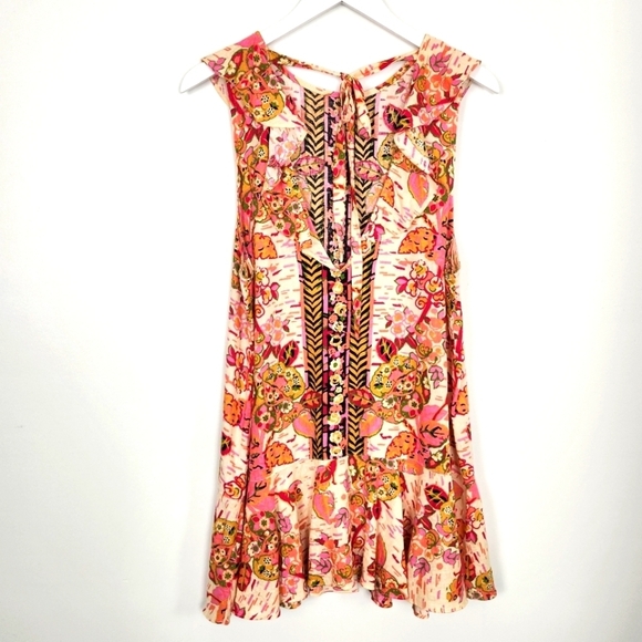 Free People Linen Pink/Cream Floral Print Ruffled Hem Tunic/Mini Dress Size L - Picture 8 of 12